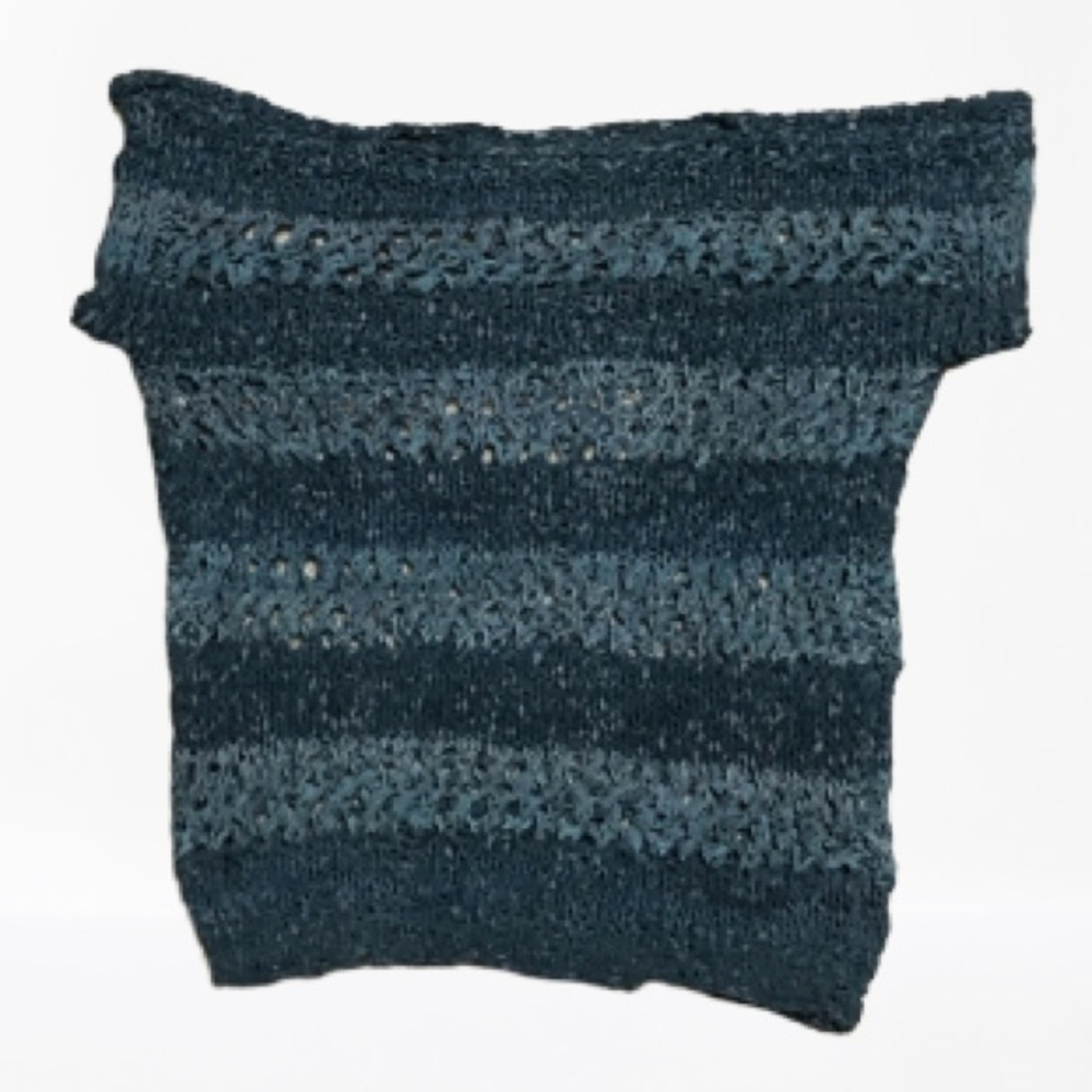 Vintage leather knit top, OOAK blue gray stripes S